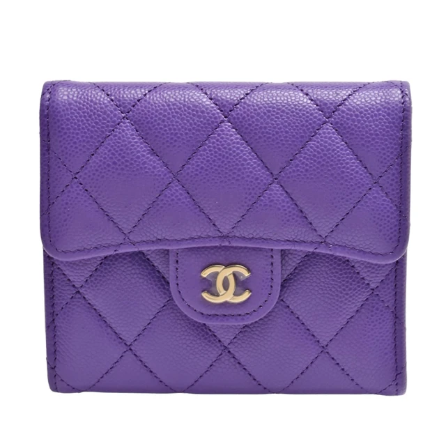 CHANEL 香奈兒CHANEL 香奈兒 經典金色雙C LOGO菱格紋粒紋牛皮釦式短夾(紫色AP0231C-VIOLET-GP)