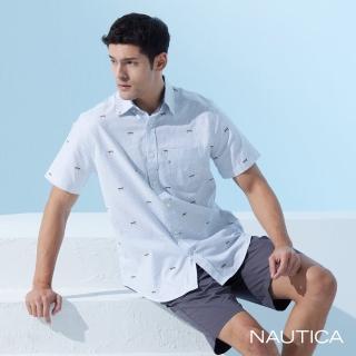 【NAUTICA】男裝 條紋印花短袖襯衫(藍色)