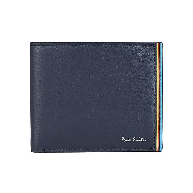 【Paul Smith】PAUL SMITH銀字簽名LOGO小羊皮6卡對折短夾(海軍藍)