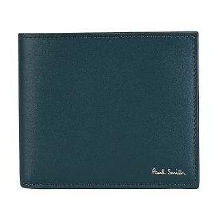 【Paul Smith】PAUL SMITH簽名金箔LOGO小羊皮拼小牛皮8卡對折短夾(海軍藍x多色)