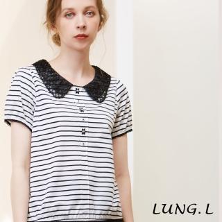 【LUNG.L 林佳樺】LP87A 白色條紋黑色蕾絲領片短袖上衣(棉質 女裝)