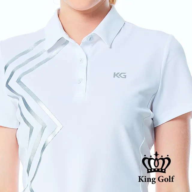 【KING GOLF】實體同步款-女款素色燙銀線條透氣POLO衫/高爾夫球衫(白色)