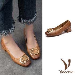 【Vecchio】真皮跟鞋 粗跟跟鞋/真皮羊皮小方頭金屬雙圈飾件粗跟鞋(棕)