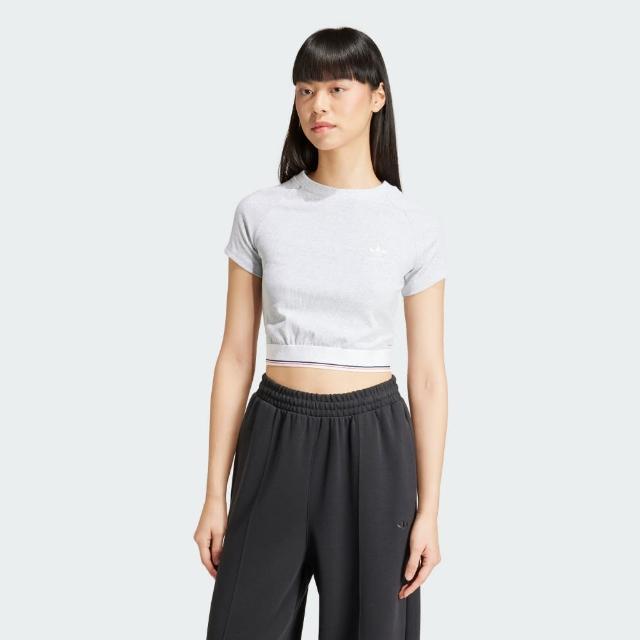 【adidas 愛迪達】上衣 女款 短袖上衣 運動 三葉草 亞規 CS RIB SS TEE 灰 IS2318