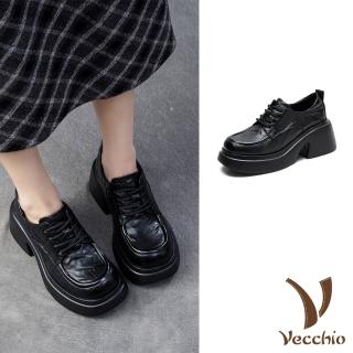 【Vecchio】真皮休閒鞋 粗跟休閒鞋/全真皮頭層牛皮手抓紋設計厚底粗跟休閒鞋(黑)