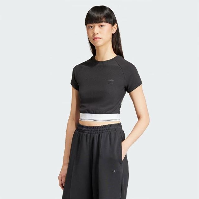 【adidas 愛迪達】上衣 女款 短袖上衣 運動 三葉草 亞規 CS RIB SS TEE 黑 IT9771