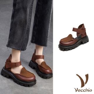 【Vecchio】真皮涼鞋 厚底涼鞋/真皮頭層牛皮純色復古小圓頭繫帶粗跟厚底涼鞋(棕)