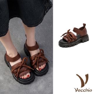 【Vecchio】真皮涼鞋 厚底涼鞋/真皮頭層牛皮蝴蝶結繩飾綁帶魔鬼粘設計厚底涼鞋(棕)