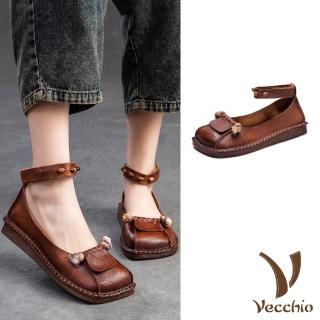 【Vecchio】真皮休閒鞋 方頭休閒鞋/全真皮頭層牛皮復古手工縫線個性方頭魔鬼粘環帶造型休閒鞋(棕)
