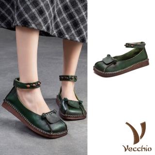 【Vecchio】真皮休閒鞋 方頭休閒鞋/全真皮頭層牛皮復古手工縫線個性方頭魔鬼粘環帶造型休閒鞋(綠)