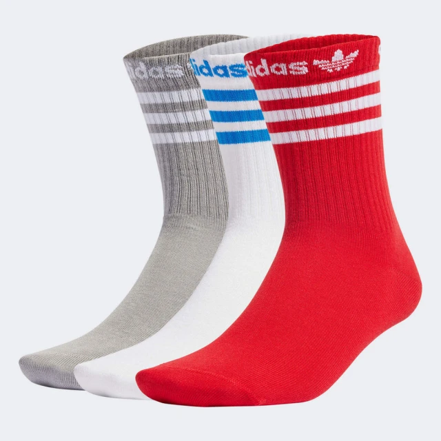 【adidas 愛迪達】襪子 中筒襪 運動襪 3雙組 三葉草 CREW SOCK 3PP 紅白灰 IU2680