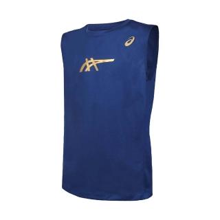 【asics 亞瑟士】男運動背心-臺灣製 吸濕排汗 訓練上衣 休閒 丈青(2031E814-400)