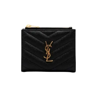 【YSL】575879 黑 金字(V紋荔枝牛皮 扣式對折短夾)