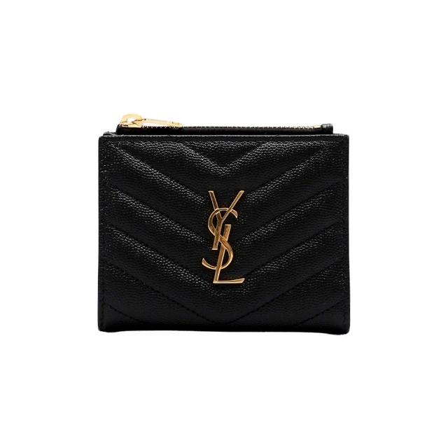 【YSL】575879 黑 金字(V紋荔枝牛皮 扣式對折短夾)