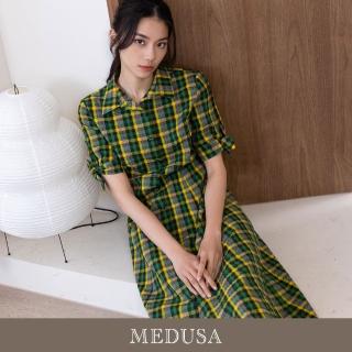 【MEDUSA 曼度莎】現貨-泡泡格綠色襯衫領休閒洋裝（M-XL）｜連身裙 休閒洋裝 短袖洋裝(301-72106)