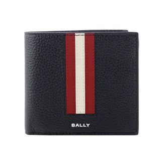 【BALLY】Ribbon 紅白條紋牛皮對開零錢袋短夾(黑色)