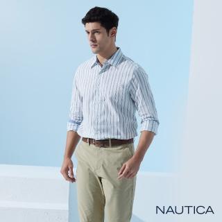 【NAUTICA】男裝 吸濕排汗休閒條紋長袖襯衫(白色)