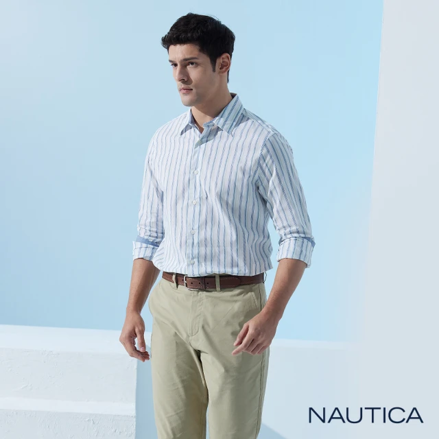 NAUTICA 男裝 吸濕排汗休閒條紋長袖襯衫(白色)