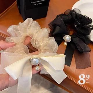 【89 zone】法式氣質歐根紗珍珠蝴蝶結 髮飾 頭飾 飾品 大腸髮圈 髮圈 髮束 1 入(米/黑)