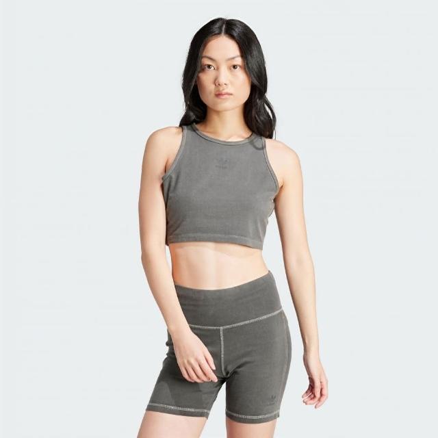 【adidas 愛迪達】背心 女款 運動背心 慢跑 三葉草 ESS+ CROP TANK 灰 IU2709