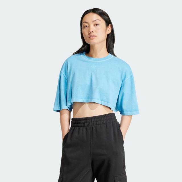 【adidas 愛迪達】上衣 女款 短袖上衣 運動 三葉草 ESS+ CROP TEE 藍 IR5994