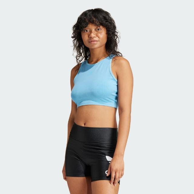 【adidas 愛迪達】背心 女款 運動背心 慢跑 三葉草 ESS+ CROP TANK 藍 IR6001