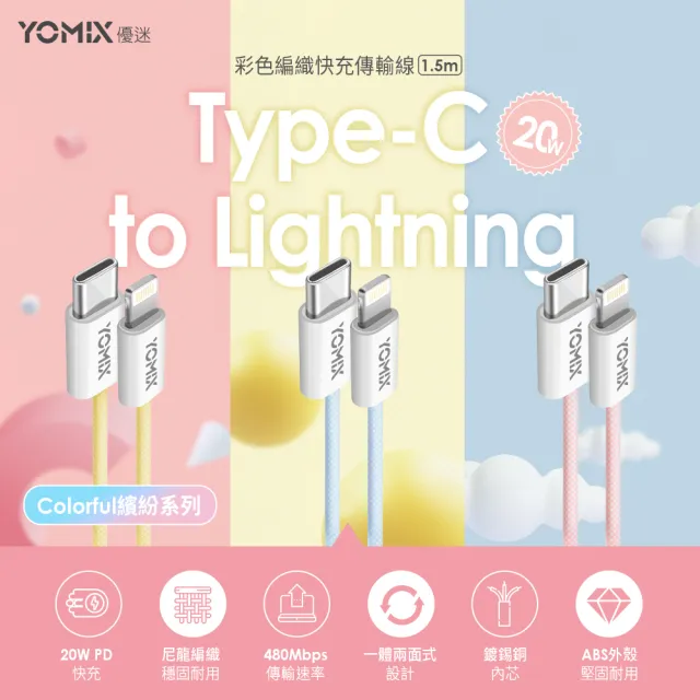 2入組【YOMIX 優迷】Type-C to Lightning 20W編織快充充電傳輸線(繽紛三色/PD快充/1.5m耐磨編織線)