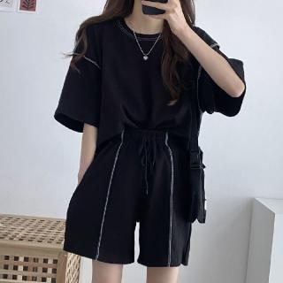 【Amirr 艾米爾】★韓版休閒寬鬆短袖短褲套裝(女上衣/短袖/兩件式套裝)