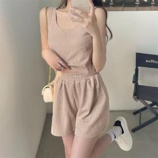 【Amirr 艾米爾】★華夫格背心高腰鬆緊兩件套(女上衣/短袖/兩件式套裝)