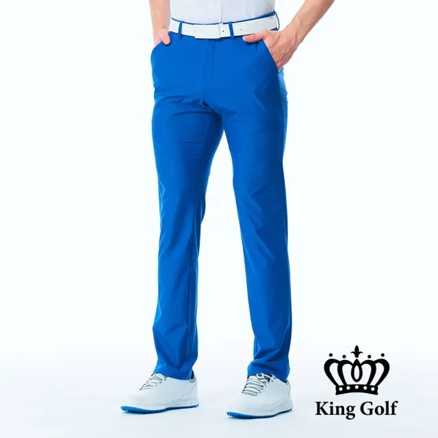 【KING GOLF】實體同步款-男款腰部線條印花素面百搭修身彈性休閒長褲/高爾夫球長褲(藍色)