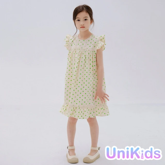 UniKids 中大童裝飛袖波點洋裝 純棉小清新公主風連身裙 女大童裝 VW22057(波點)