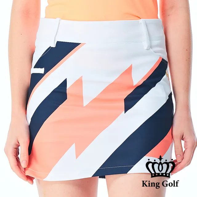 【KING GOLF】實體同步款-女款撞色線條色塊修身A LINE短裙/高爾夫球裙(橘色)