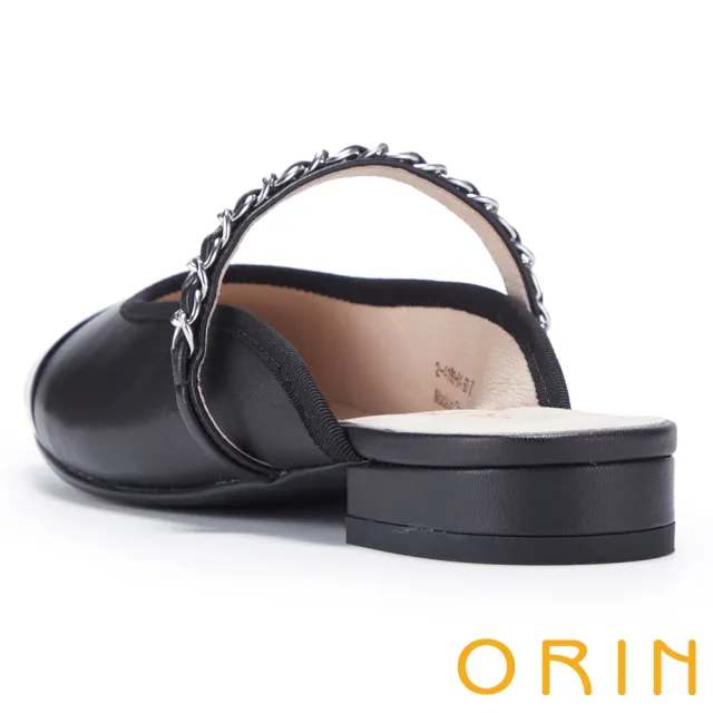 【ORIN】小香風鏈條真皮方頭平底穆勒鞋(黑色)