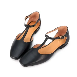 【HERLS】瑪莉珍鞋-全真皮素面方頭T字瑪莉珍平底鞋(黑色)