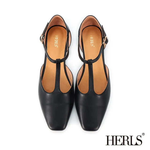【HERLS】瑪莉珍鞋-全真皮素面方頭T字瑪莉珍平底鞋(黑色)
