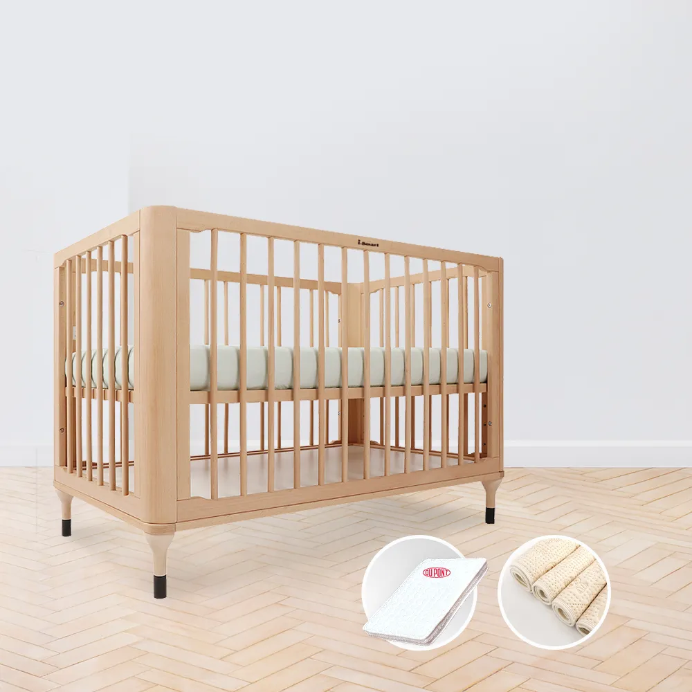 【i-smart】原生初紋櫸木嬰兒床+杜邦立體防蹣透氣墊+尿墊(超值三件組 成長床 書桌床)