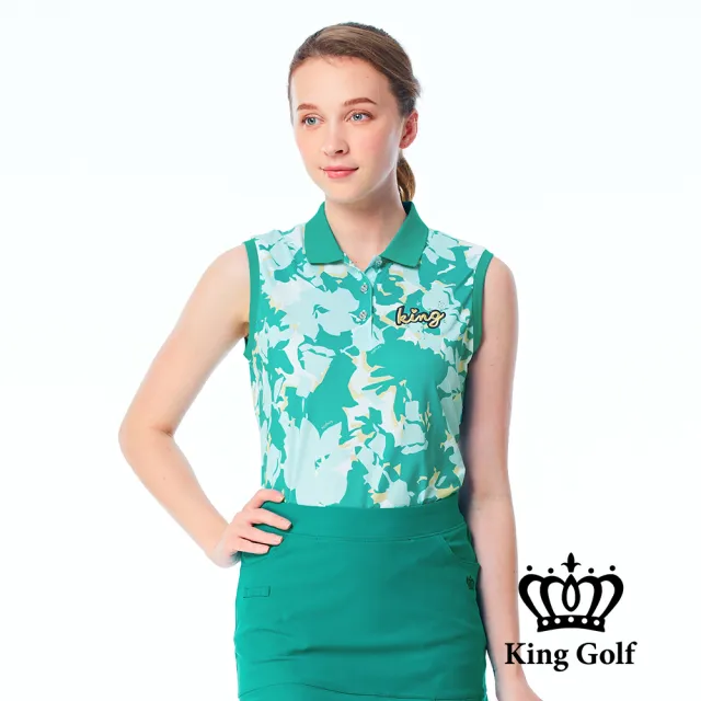 【KING GOLF】實體同步款-女款燙鑽刺繡迷彩印花撞色領口無袖背心POLO衫/高爾夫球衫(綠色)