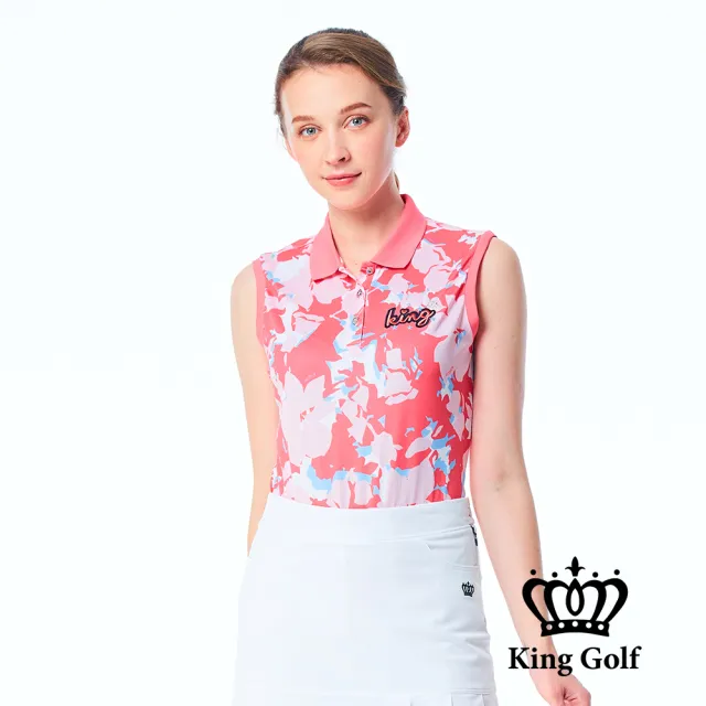 【KING GOLF】實體同步款-女款燙鑽刺繡迷彩印花撞色領口無袖背心POLO衫/高爾夫球衫(粉色)