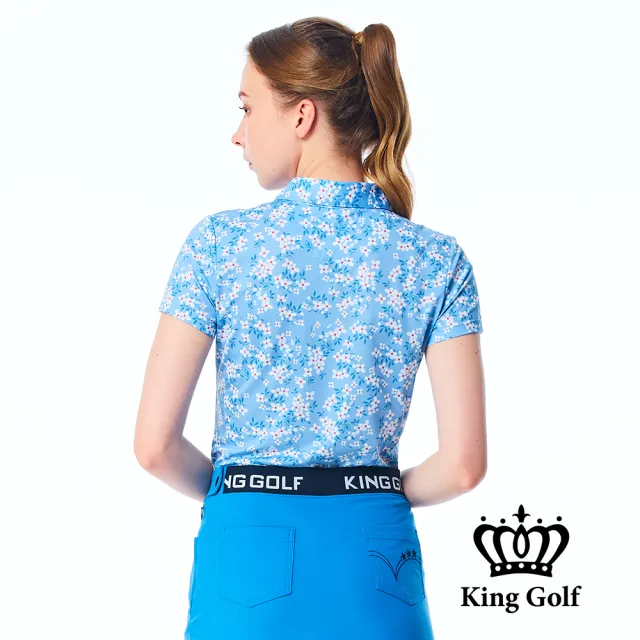 【KING GOLF】實體同步款-女款滿版繽紛小碎花印花POLO衫/高爾夫球衫(藍色)