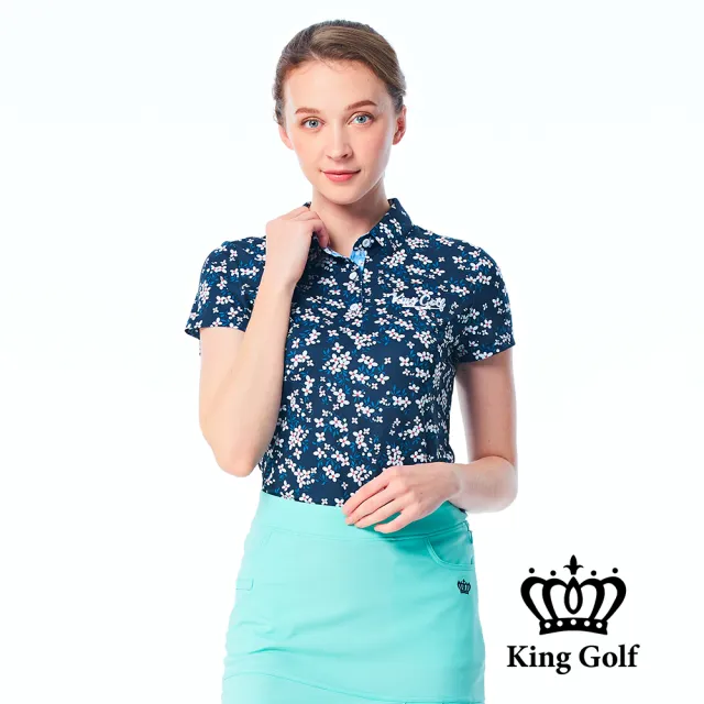 【KING GOLF】實體同步款-女款滿版繽紛小碎花印花POLO衫/高爾夫球衫(丈青)