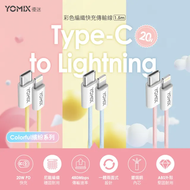 【YOMIX 優迷】USB-C to Lightning 20W編織快充充電傳輸線(繽紛三色/PD快充/1.5m耐磨編織線)