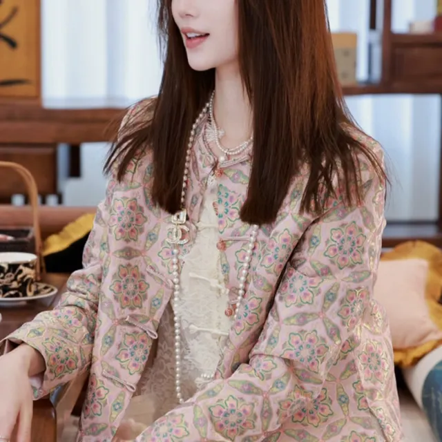 【MsMore】新中式國風設計感獨特短外套氣質唐裝粉色印花長袖輕薄#121583(粉紅)