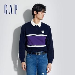 【GAP】男裝 Logo純棉印花長袖POLO衫-海軍藍(885524)