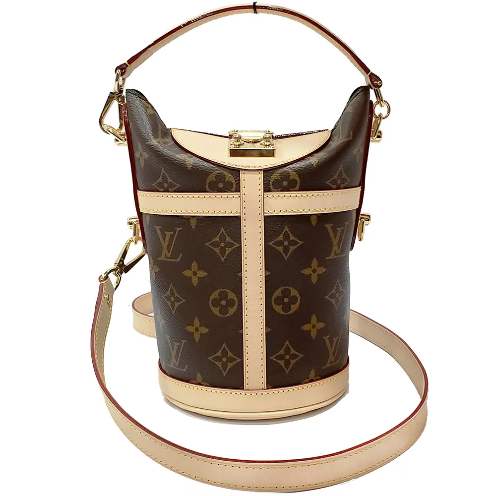 【Louis Vuitton 路易威登】M43587 經典DUFFLE系列Monogram帆布手提/斜揹側肩包水桶包(全新展示品-棕色)