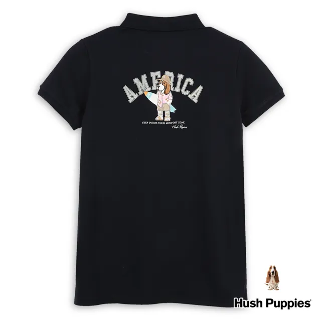 【Hush Puppies】女裝 POLO衫 趣味英文字印花度假衝浪狗寬版POLO衫(丈青 / 43201101)