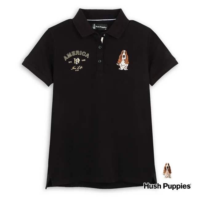 【Hush Puppies】女裝 POLO衫 經典HP造型繡花刺繡狗短袖POLO衫(黑色 / 43201106)