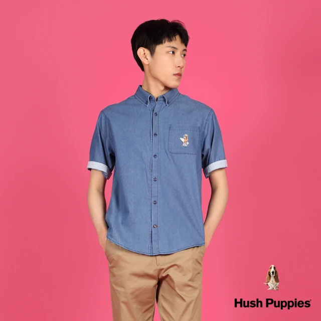 Hush Puppies 男裝 襯衫 趣味衝浪狗刺繡寬版牛仔短袖襯衫(藍色 / 43112108)