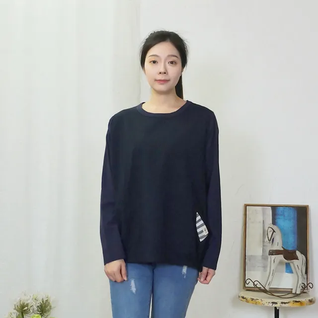 【Hana Mokuba】花木馬日系女裝針梭織拼接趣味口袋鬆緊帶收口長袖上衣(T恤)