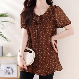 【麗質達人】8051咖啡色印花雪紡上衣LY(L-5XL)