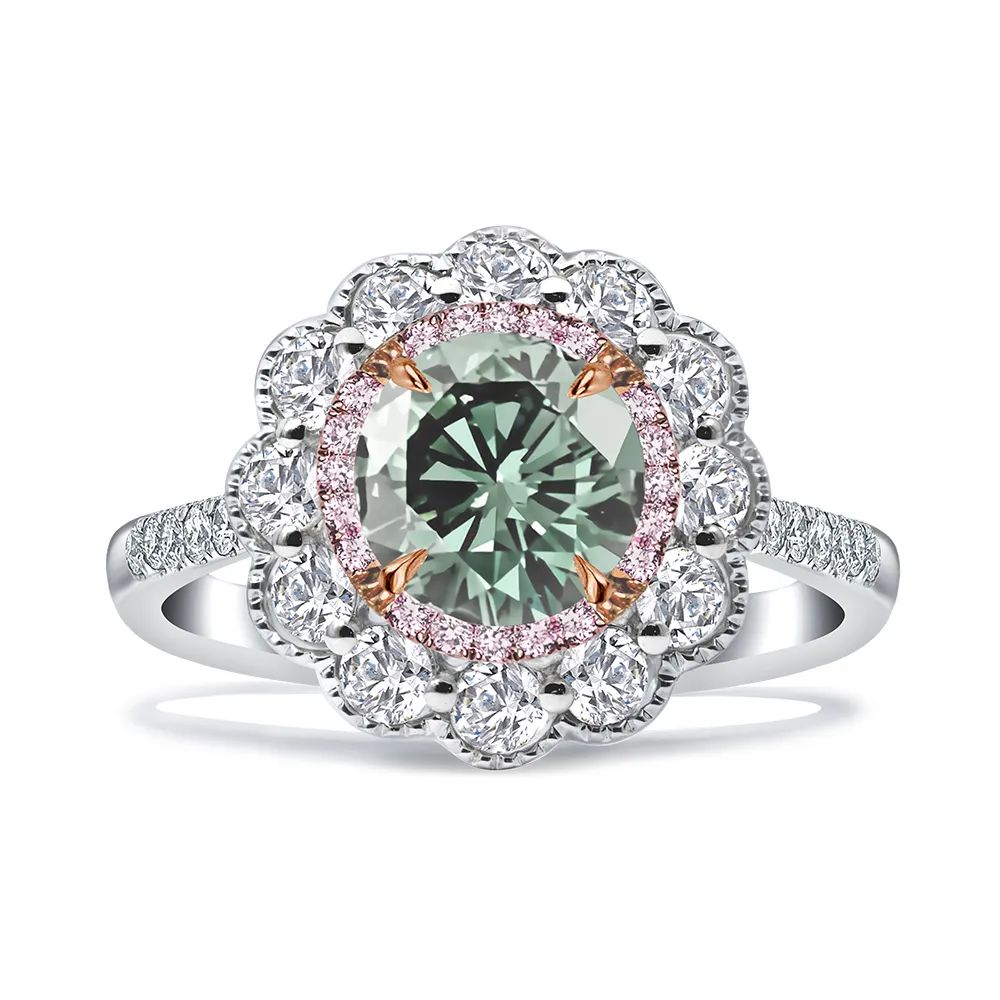 【King Star】GIA 一克拉 18K金 VS1 綠彩鑽石戒指  花朵(天然圓形彩鑽)